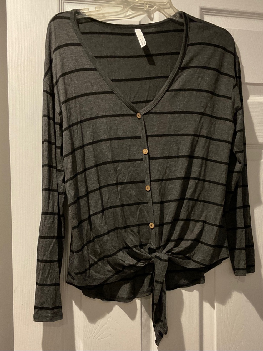 Gray Striped Tie-Front V-Neck Top Ties In Front